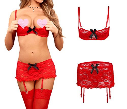 Coswe women s lace open cup bra and garter skirt set (2…