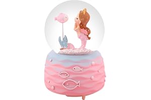 Snow Globe for Girls, 80 MM Mermaid Snow Globe Music Box with Colorful LED Lights and Music, Birthday Christmas Festival Gift