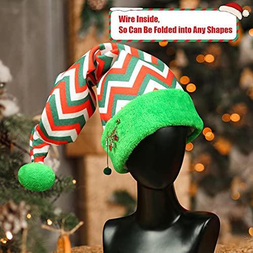 MCPINKY Christmas Elf Hat, Long Striped Hat Felt and Plush Hat With Snowmen Brooch Pin for Kids Women Adults Holiday Party Custume Christmas Dress Up