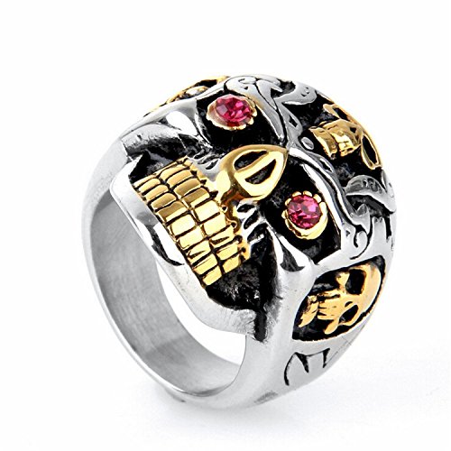 HIJONES Men s Retro Stainless Steel Gothic Skull Biker Ring with Red Eyes, Size 12