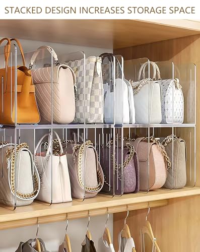 Bag Storage Organizer, 4 Pack Clear Plastic Handbag Shelf Stand, 4 Sections Bags Closet Shelf Divider for Closet, Display Holder Organiser for Purses, Clutches, Wallets, Book