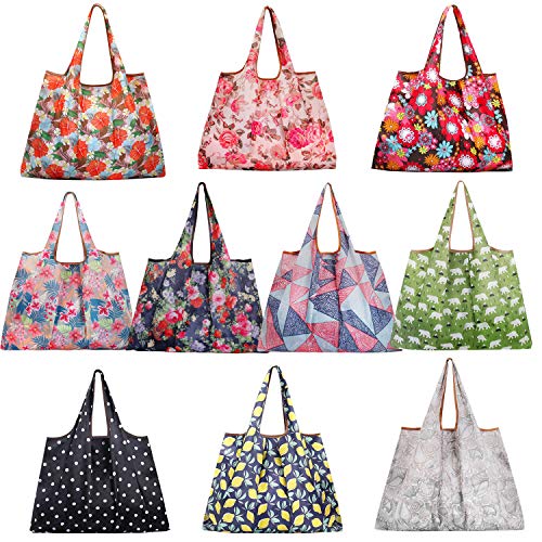 Reusable Grocery Bags,10 Pack Extra Large Foldable Nylon Tote Bag Heavy Duty Washable Eco Friendly Shopping Bags with Pouch attached
