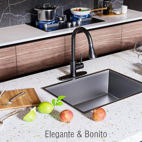 Actualizado Grifo de Cocina de Acero Inoxidable - 1 Mezcladora para Fregadero + 1 Cepillo de Limpieza +1 Paño Limpieza + Otros Accesorios, Grifo Llaves para Fregadero de Cocina Llave Mezcladora Negro