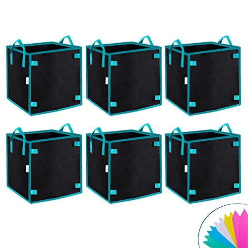 OPULENT SYSTEMS 6 Pack 7 Gallon Heavy Duty Square Grow Bags Thickened Nonwoven Fabric Pots with Handles and Stick Holders for Poles (Black)