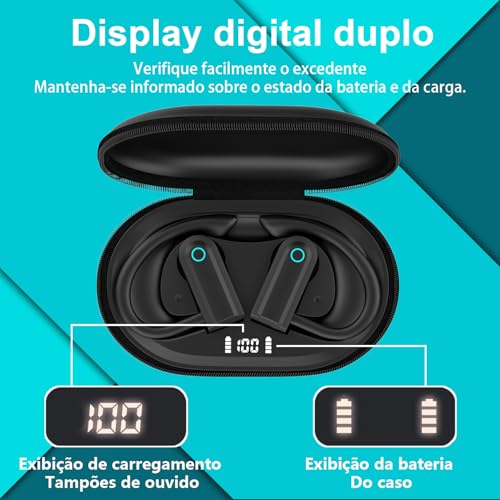 Fone de Ouvido com bateria de longa duração, Bluetooth Esportivo, Gancho de Orelha, com Microfone, Display Digital, Estojo de Carregamento, Preto