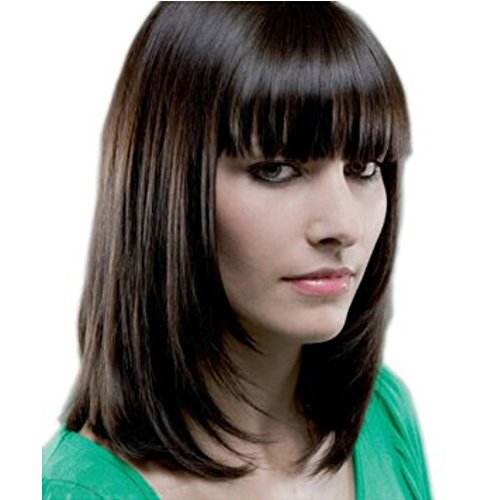 BLONDE UNICORN Medium Long Bob Wigs for Women Human Hair Wigs with Neat Bangs (Brown)