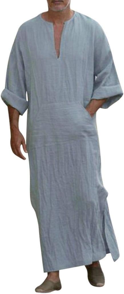SMILEQ Dress Mens Ethnic Robes Loose Solid Long Sleeve Loose Vintage Dress Kaftan Skirt