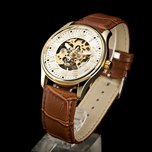 Sewor Mens Skeleton Transparent Mechanical Watch Brown Leather Skeleton Movement (Gold White)