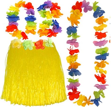 GCC Fashion Store Ladies Girls Hula Skirt 40 cm 4 Pc Lei Hula Set Hawaiian Fancy Dress Costume