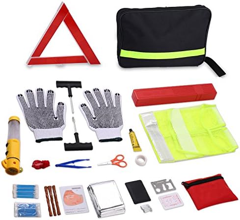 43-in-1 Roadside Assistance Car Auto Emergency Kit and Car Survival Bag - Contains Safety Hammer, Tire Repair Kits, Reflective Safety Triangle, Gloves with Gripping Palm (US STOCK)