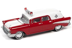 ROUND 2 1957 Chevy Ambulance Kosmos Red and White with White Interior 1/64 Diecast Model Car by Johnny Lightning JLSP130