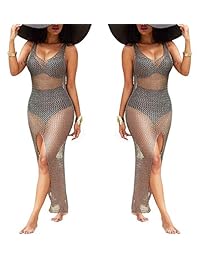 PerZeal Traje de baño sexy para dama Bikini de playa Cover Up Crochet transparente Tallas grandes Vestidos largos