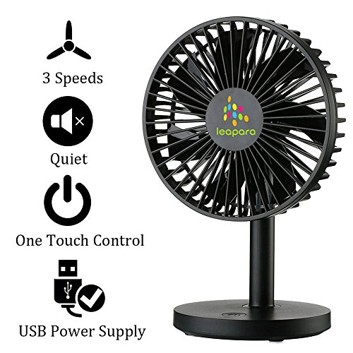 Mini USB Table Desk Personal Fan, leapara Portable Air Circulator Fan, Noiseless Fan, 3 Speeds, 30Â° Up and Down Adjustable, Powerful Fan for Home and Office, Black