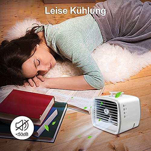 Air Cooler 4 In 1, Mini Klimagerät Mobil Leise 3 Geschwindigkeitsventilatoren, Luftbefeuchter, LED 7 Farben, Luftbefeuchter, Luftkühler können Wasser, Eis setzen, Klimagerät Mobil Wassertank USB