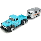 Vintage Blue Pickup Truck Trailer Towing Toy Camper RV Motorhome Toys for Boys Diecast Model Car Metal Pull Back Toy Cars 4 5 6 7 8 Year Old Kids Birthday Gifts Cake Topper Home Office D&eacute;cor