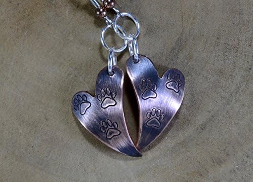 Heart shaped copper dangle earrings with paw prints