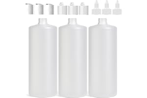 Bar5F 33.8oz 3-Pack Large HDPE Plastic Bottles with 9 Caps in 3 Styles | Pump, Squeeze, Squirt | Shampoo, Conditioner, Condiments, Ketchup, Bleach, Cleaners, Alcohol, Food Safe | BPA-Free, 1 Liter