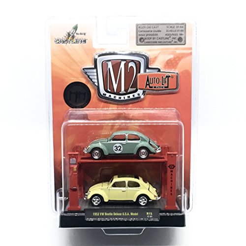 M2 Machines 1953 VW Beetle Deluxe U.S.A. Model (Release 15) Auto-Lift 2-Pack - 2017 Castline 1:64 Scale Die-Cast Vehicles & Auto-Lift Display Set (R15 17-01)