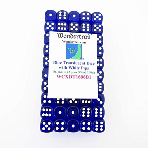 Blue Translucent Dice with White Pips D6 16mm (5/8in) Pack of 100 Wondertrail