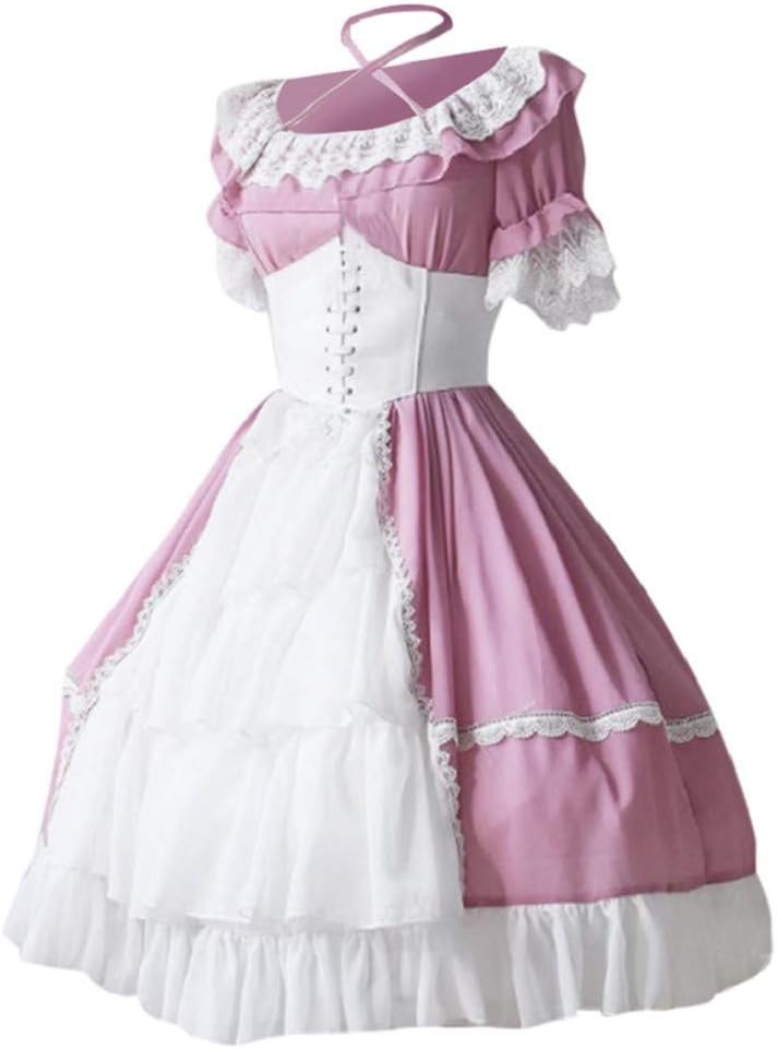Gothic Dress Women, Vintage Lace Short Sleeve Medieval Costume Dress Ladies Court Grown Cocktail Dresses Holloween Party Evening Lolita Cosplay Fancy Dress for Ladies UK