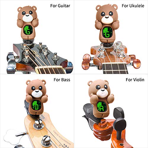 Clip On Cartoon Bear Guitar Tuner For All Instruments, Ukulele, Guitar, Bass, Mandolin, Violin, Banjo, Large Clear LCD Display For Guitar Tuner (Brown)