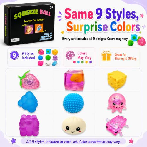 9 Pack Squishy Squeeze Toys, Random Color Soft Fidget Toys for Stress Relief, Cute Animal Fruit Food Shapes, Mini Desk Sensory Fidget Set for Adults and Teens