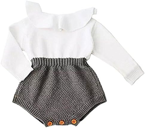 HRIUYI Baby Girls Sweet Knitted Fleece Romper Long Sleeve Ruffles Jumpsuits Sweaters Dress(Gray,66/0-3 Months)