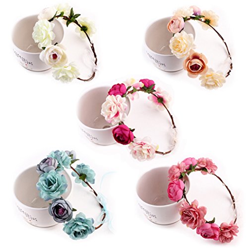 Catnew Ladies Boho Floral Garland Headband Bride Wedding Hair Wreaths -Rose Red