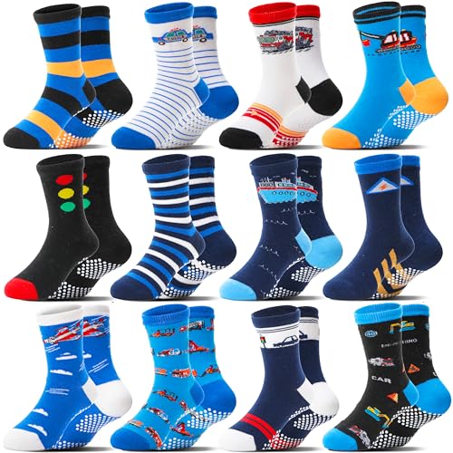Welwoos Baby Boys Grips Socks 12 Pairs Kids Toddlers Infants Anti Slip Non Skid Funny Cartoon Crew Breathable Cotton Socks