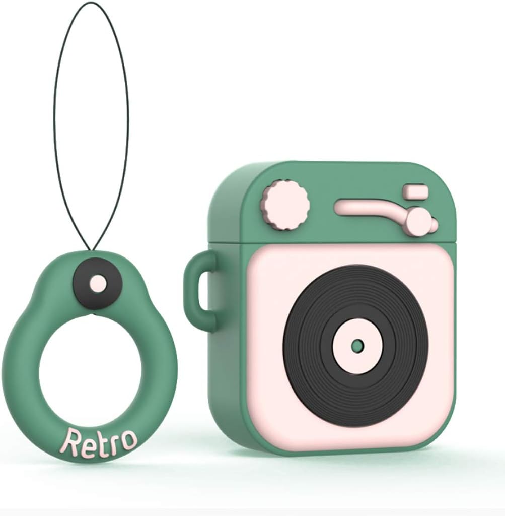 Case for Airpods,Cute Gramophone Silicone Protective Cover Skin Compatible with AirPods 2 & 1 (Dark Green)