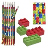 48 Bulk Pack Colorful Building Block Brick Party Favor Supplies Theme Decorations 12 Pencils 12 Mini Notepads 24 Erasers for Kids Girls Boys Teens Children Birthday Carnival Teacher Classroom Rewards