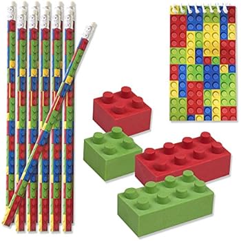 48 Bulk Pack Colorful Building Block Brick Party Favor Supplies Theme Decorations 12 Pencils 12 Mini Notepads 24 Erasers for Kids Girls Boys Teens Children Birthday Carnival Teacher Classroom Rewards