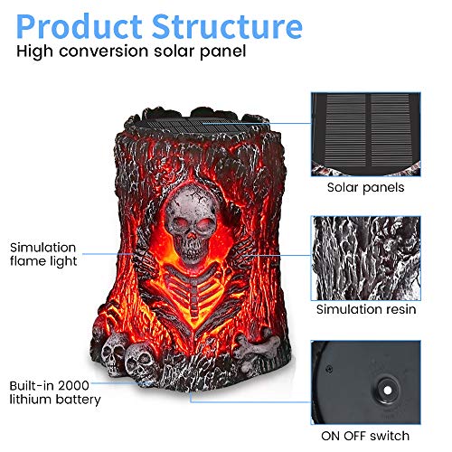 MAOKOT Halloween Solar Lights Outdoor, Flickering Flame Solar Lights, Outdoor Halloween Decoration Lights, Solar Powered Burning Skull Lights Halloween Decor for Deck Yard, 2 Pack