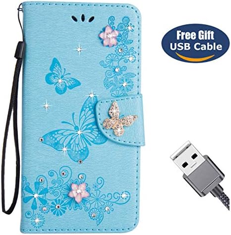 Aireratze iPhone XR case,iPhone XR flip case, Premium Quality PU Leather Flip Case Gliiter 3D Butterfly Ultra Slim Skin [Magnetic Closure] Shockproof Wallet Case for iPhone XR(Blue)+USB cable