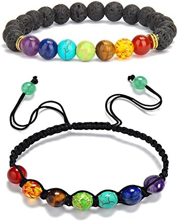 VIKI98 Men Women 8mm 7 Chakra Gemstone Beads Reiki Healing Balancing Yoga Prayer Bracelet (braided+lava)