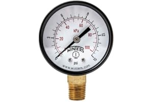 WINTERS INSTRUMENTS Winters 2 inch Dial Size, Multi Function Economy Utility Dry Pressure Gauge, Brass Internals, Black Steel Case, Dual Scale 0-15 psi/kPa, 3-2-3% Accuracy, 1/4 inch NPT Bottom Mount, Pressure Gauge