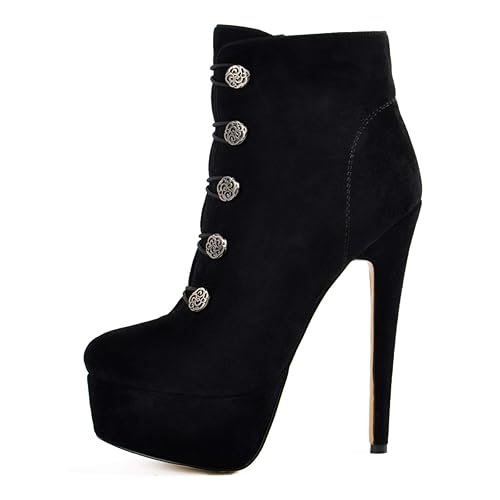 Onlymaker Damen Plateau High Heel Schnalle Schnürriemen Zip Button Wildleder Stiefeletten