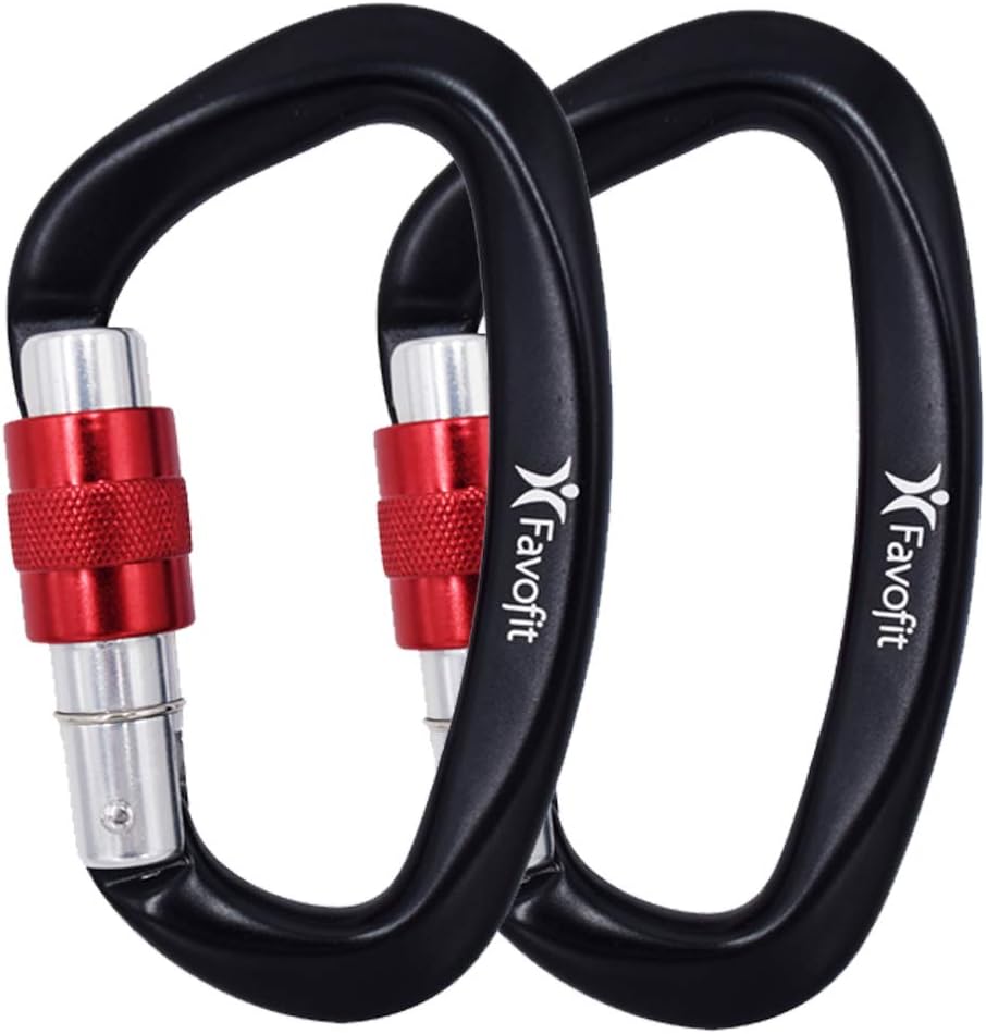 Favofit Screwgate Locking Rock Climbing Carabiner Clips, 2 Pack, Certified 25KN (5620 lbs) Heavy Duty Caribeaners for Rappelling Swing Rescue & Gym etc, Large Beaner Clips, D-Shaped, Black