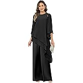 Ywwaaq 3 Piece Mother of The Bride Pant Suits Chiffon Long Sleeve Asymmetrical Cocktail Pants Set