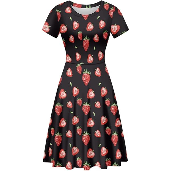 ENLACHIC Women's Summer Floral Lemon Print Dress - Short Sleeve Swing Midi Dress In Black Strawberry - View #5