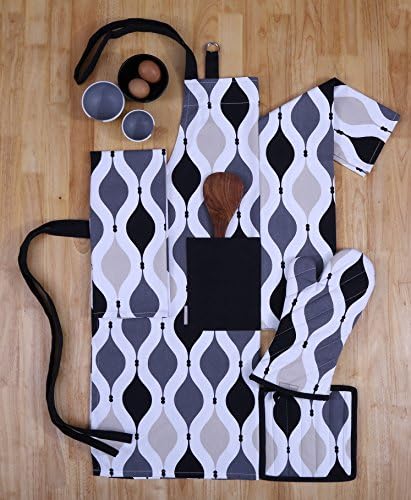 Set of Apron, Oven Mitt, Pot Holder, Pair of Kitchen Towels in a Unique Geometric Design, Made of 100% Cotton, Eco-Friendly &amp; Safe, Value Pack and Ideal Gift Set, Kitchen Linen Set By CASA DECORS