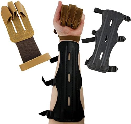 Archery Leather Style 3-Strap Black Arm Guard + Brown Finger Protector Glove (2-piece set); Hunting Bow &amp; Arrow Protective Gear / Bow Range Accessories