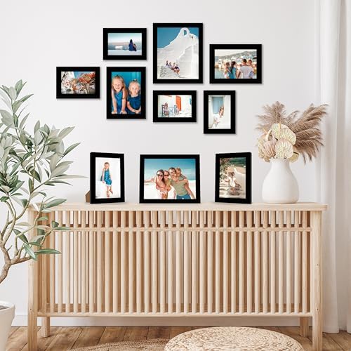 Set Cornici Foto da Parete e da Tavolo Nere, 10 Pezzi - Due da 20x25 cm, Quattro da 13x18 cm e Quattro Cornici 10x15 cm - Composizione Portafoto da Parete con Vetro Infrangibile