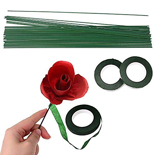 3 Rolls Flower Paper Tape with 50 Pieces Floral Stem Wire 16 Inch for Bouquent Stem Wrapping and Crafts, Dark Green