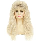 Amnenl Blonde Long Curly Wig for Women 70s 80s Rocker Punk Wigs with Bangs Cosplay Halloween Costume Party Wigs