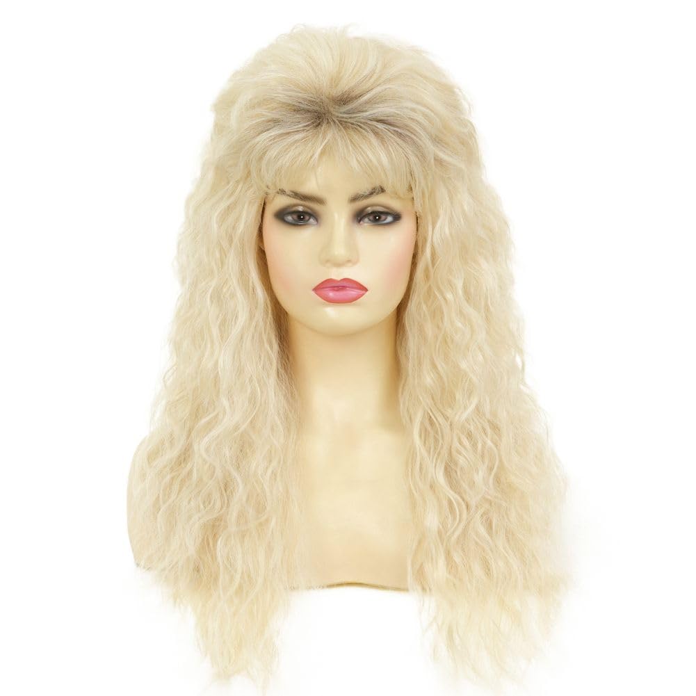 Photo 1 of Amnenl Blonde Long Curly Wig for Women 70s 80s Rocker Punk Wigs with Bangs Cosplay Halloween Costume Party Wigs