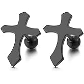 Pair Stainless Steel Black Flat Cross Stud Earrings for Men Women, Screw Back