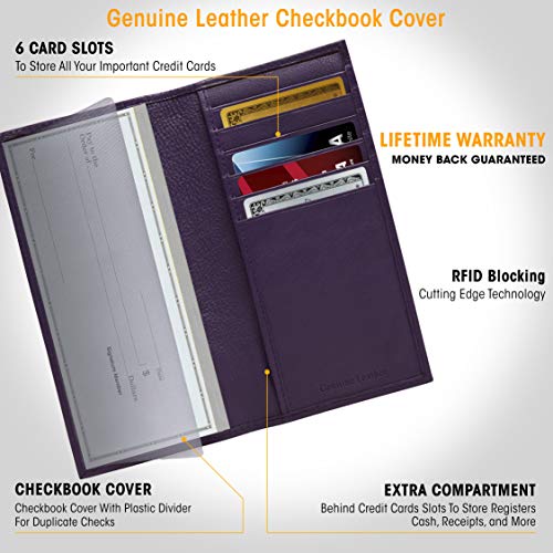 Genuine Leather Checkbook Cover For Women & Men - Checkbook Holder Check Book Covers For Duplicate Checks Card Wallet RFID
