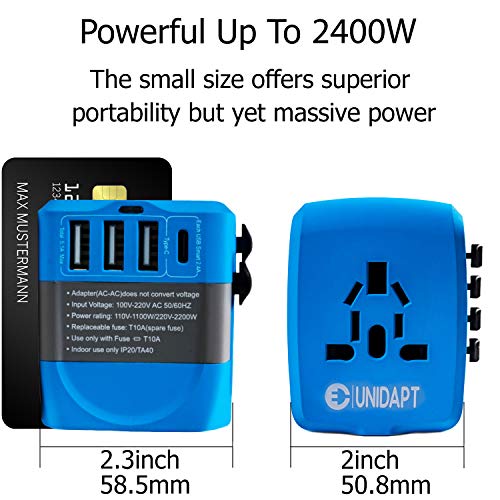 International Charger, 2400W High Power Travel Plug Adapter - Unidapt 3-USB Charging Ports & Type C - Power Adapters Covers over 170 Countries +Pouch, For Blow Dryer, Hair Dryer, Cooker, Curling Iron