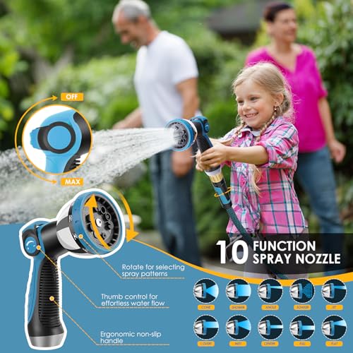 FLOERXIS Non-Expandable Garden Hose 100 FT, Lightweight Hose with 10 Function Spray Nozzle, Kink-Free Flexible Water Hose, Durable, Leak-Proof, 360° Swivel Connectors, Portable Storage Strap